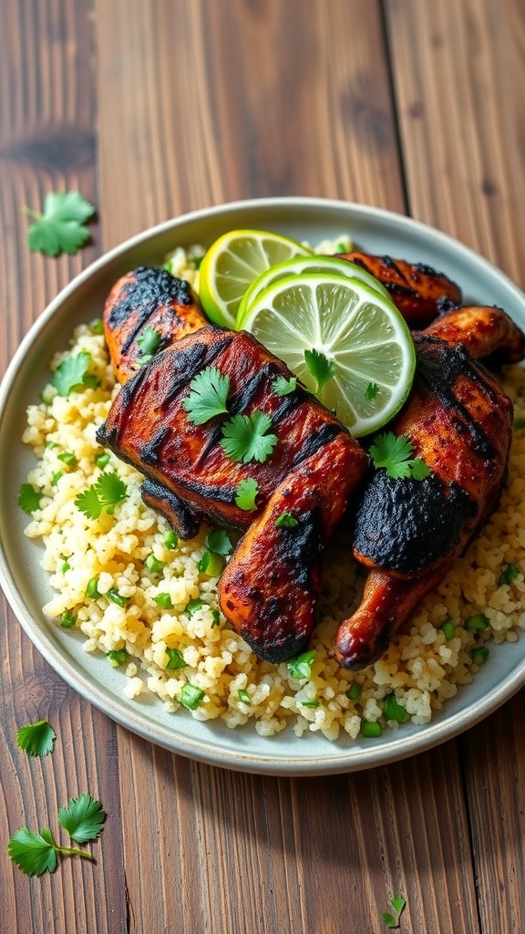 Blackened chicken breast on cilantro lime quinoa, garnished with cilantro and lime wedges on a rustic table.
